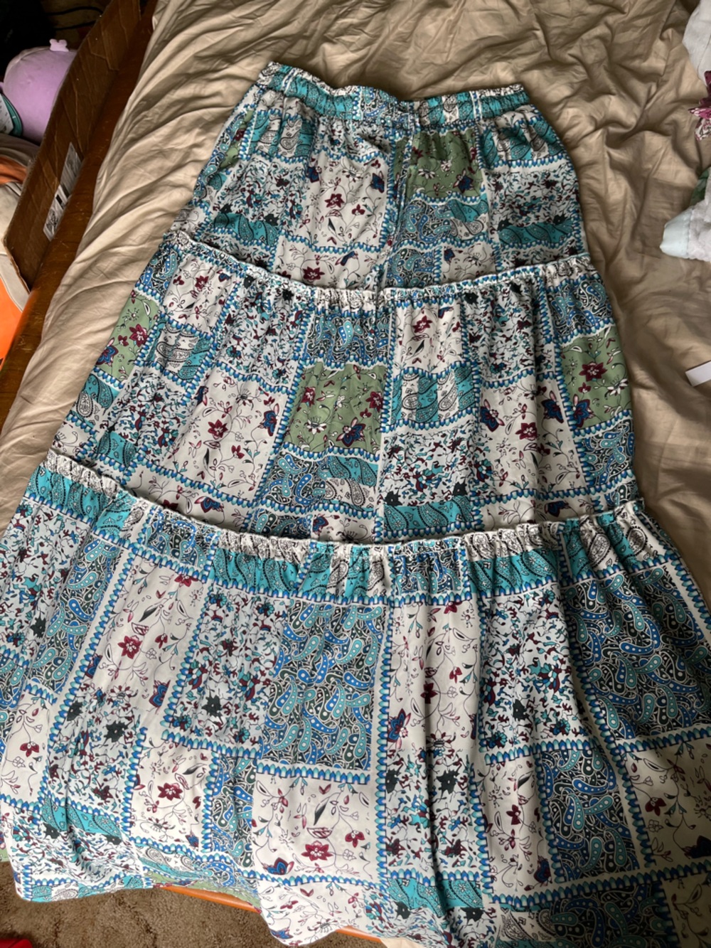 Boho Patchwork Tiered Maxi Skirt in Teal and White with Pockets